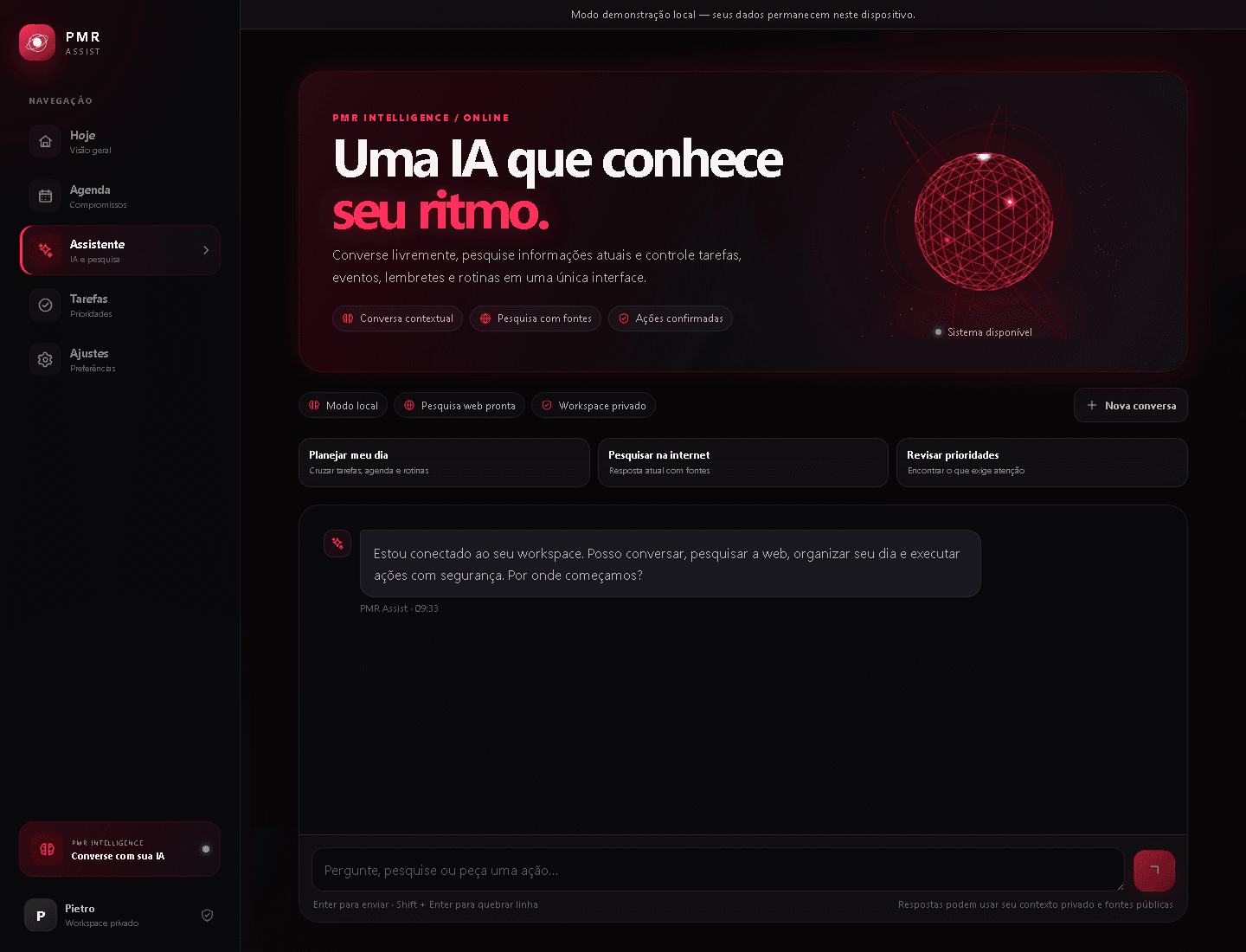 Interface real do modo demonstrativo local do PMR Assist